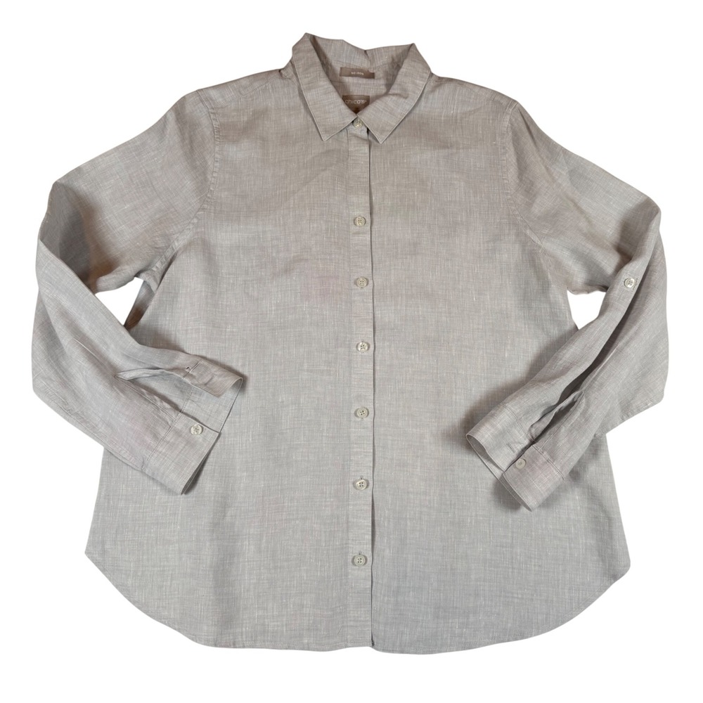 Chico's No Iron 100% Linen Button Shirt Light Gray Roll Tab Sz 2 Large Lagenlook